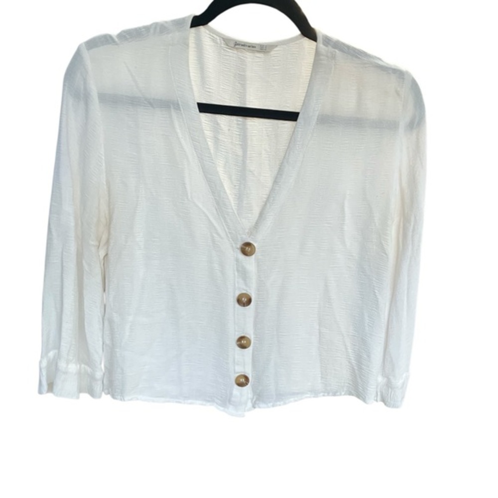 Like New Stradivarius Ivory Textured Buttoned Blouse Medium